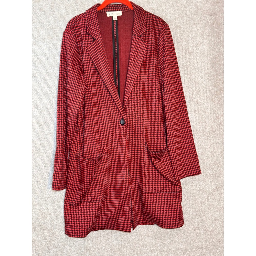 Philosophy Houndstooth Blazer Women L Red Black Longline Jacket Career